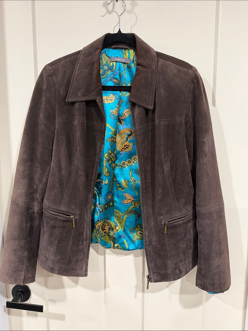Liz Claiborne Brown Suede Jacket with Teal Paisley Lining